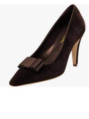 Maiyang Dark Brown Small Square Toe Slip on Bow Pumps High Heel Elegant Shoes